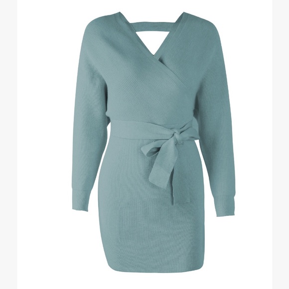🔥🔥Sexy and Cozy Blue V Neck Sweater Dress - Picture 5 of 8